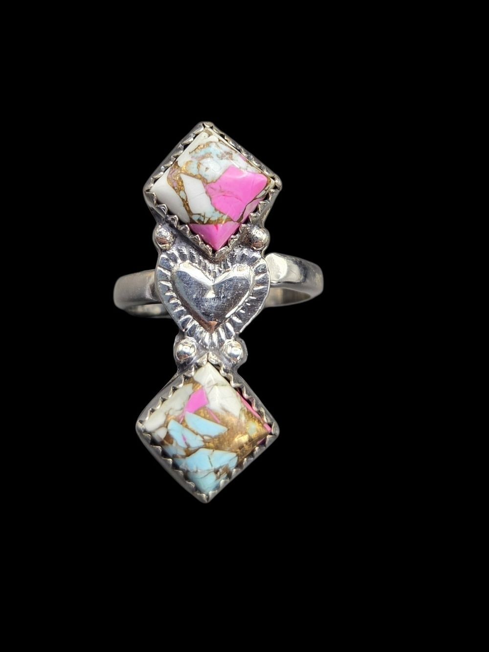 Sterling Silver Double Cotton Candy Turquoise Heart Ring Size 8 Adjustable